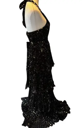 Alex Marie NWT Black and Gold Tiered Pleated Halter Maxi Dress – Size 4