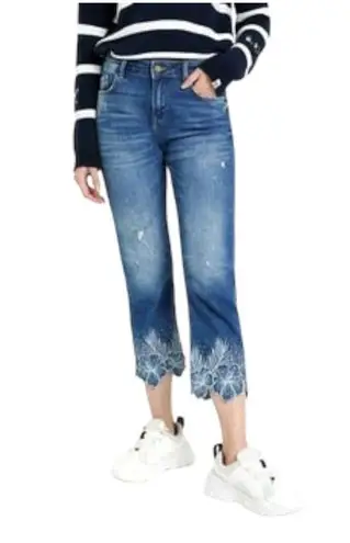 Desigual Boho Embroidered Crystal Embellished Straight Leg Jean US 4 New