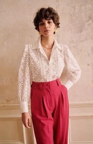 Sézane SEZANE Cara Shirt Cream Women’s Size 36 US 4 Eyelet Floral Puff Sleeve Button Up