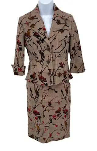 Newport News Blazer Skirt Suit Set Womens 4/6 Brown Floral Fall