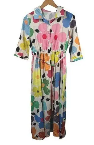 Women's Dress M Cream Colorful Floral Maxi Tie Detail Garden Party Summer Brunch Size M