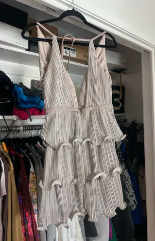 Mac Duggal Ieena by Mac Dugan soft pink iridescent sparkle ruffle mini dress 4