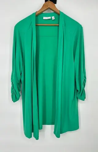 Susan Graver Womens 2X Green Liquid Knit Open Cardigan Ruched Sleeve Travel