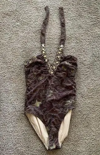 Newport News COPY -  One Piece Halter Swim Suit Size 10 Brown Sequin summer spri…