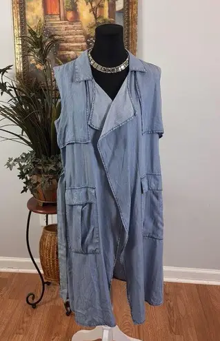Mossimo Women's M Trafaluc chambray Longline Jacket Notched Lapel Belted open Blue Size M