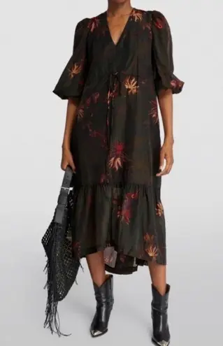 ALLSAINTS Rosi Nila Dark Khaki Green Tiered V-neck Midi Dress Sz 0