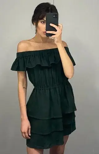 SIR The Label / Revolve Stefi Linen Off Shoulder Ruffle Mini Dress in Dark Olive