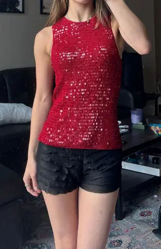 Inc international cherry red sequin crochet beaded bead knit y2k vintage tank top cami top