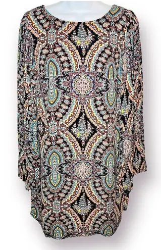 Love FIRE Pleated Wide Arm Shift Dress Mediterranean Stain Glass Print Multi M Blue Size M