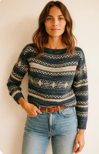 Lauren Ralph Lauren Aztec Southwestern Knit Sweater Cotton Linen Petite XS Blue Size undefined