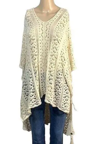 Boutique Womens Lacey Knit Crocheted Pullover Poncho Sweater Coverup Tan OS