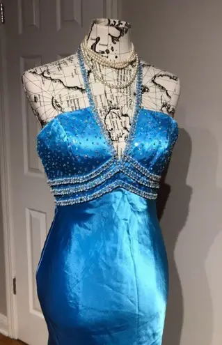 Mori Lee Vintage Y2k Colorful Coquette Coastal Satin Mermaid High Low Embellished Beads Halter Empire Fitted Prom Evening Formal
