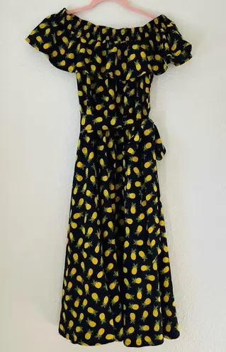 Unique Vintage  Black Pineapple Print Nashville Swing Dress Size 4/S Ruffle