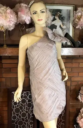 BY MALENE BIRGER TAUPE SILK RUFFLE DRESS WITH ONE SHOULDER BOW ACCENT (S) Tan