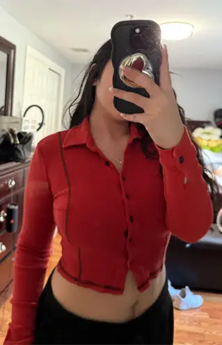 Edikted Red Collared Button Up Long-Sleeve