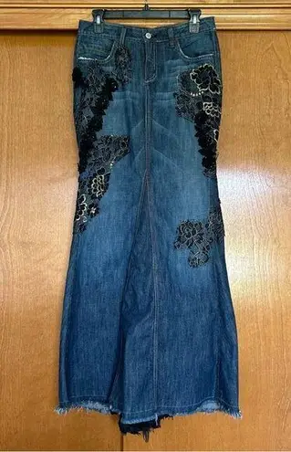 Bebe Long Denim Lace Applique Embellished Maxi Gusset Skirt Y2K Art to Wear