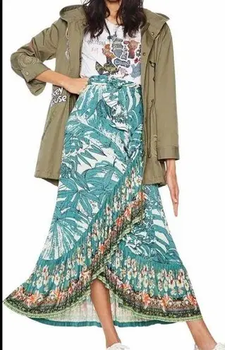 Desigual New M Eryx Wrap Maxi Long Skirt Tropical Floral Cruise Ruffles Green