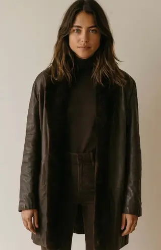 Vintage Chocolate Brown Leather Jacket With Faux Fur Shawl Trim Boho Chic Size L