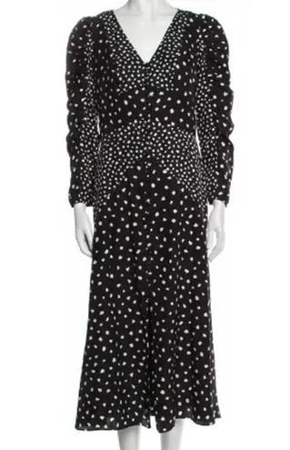 Rebecca Taylor Rouched Silk Black and White Polka Dot Print Midi Formal Dress