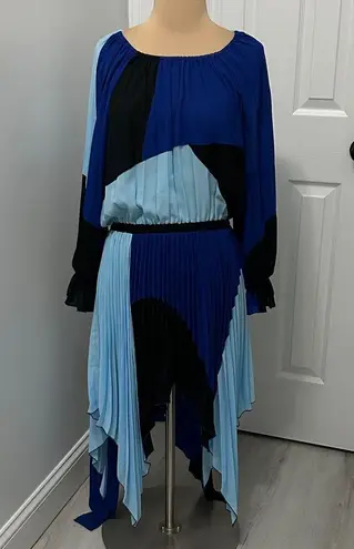 Just Cavalli Blue Black Colorblock Pleated Chiffon Dress