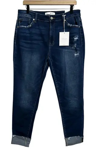 Kancan Size 13/30 High Rise Cuffed Ankle Skinny Distressed Dark Wash Denim Jeans Blue