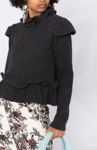 Ganni Phantom Gray Ruffle Open Back Wool Sweater XS NWT