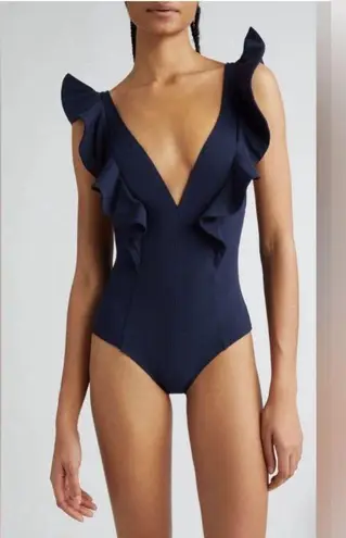 Ulla Johnson Evelina Ruffle Plunge One-Piece Swimsuit, Navy, Size Medium, $380