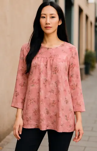 Allegra K Floral Print Tunic Top Womens XL Pink 3/4 Sleeve Ruffle Hem Blouse