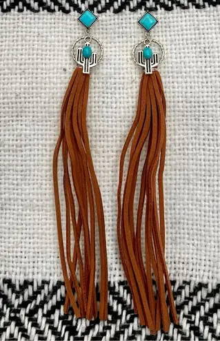 Faux Leather Fringe Earrings with Saguaro Cactus & Turquoise Brown