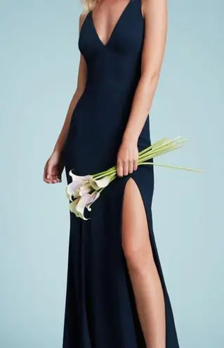 Dress the Population NEW  'IRIS' NAVY HIGH SLIT V-NECK CREPE GOWN DRESS - size S