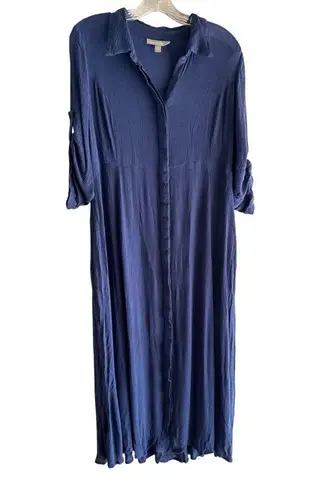 Woman Within Size 14W Blue Button-Front Maxi Dress Roll-Tab Sleeves