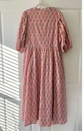 Marea Colette Coral Multi Floral Short Puff Sleeves Cottagecore Midi Dress Large Pink