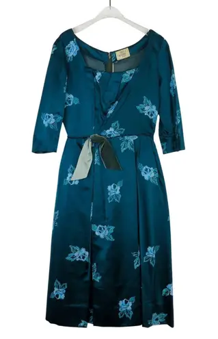 1960s Vintage Vogue Couturier Teal Blue Floral Long Sleeve Dress Small Formal Size XS