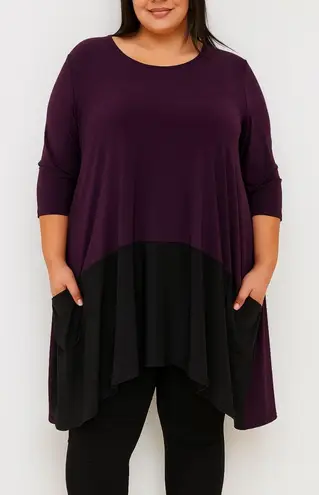 Sun Kim Women's Tunic Dress Size L Purple Black 3/4 Sleeve Pockets USA Made Size L