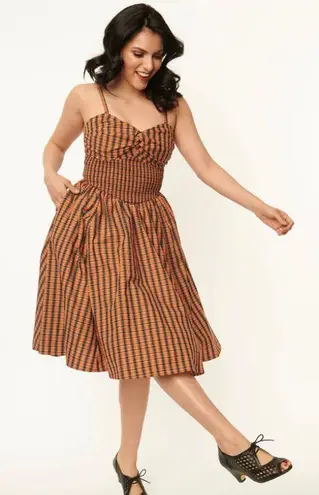 Unique Vintage NWT 50’s Orange & Black Plaid Shimmy & Shake Swing Dress | XS