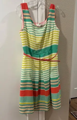 Tiana B Sleeveless Midi Striped Dress 10 Orange/Green/Yellow Fit & Flare Career