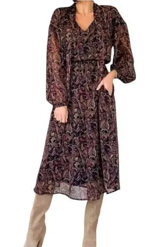 Evereve Eliza Dress Midi Chiffon Paisley Puff Sleeve V-Neck Tie Neck A Line S