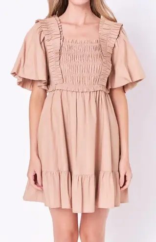 English Factory Mini Dress with Puff Sleeves Taupe