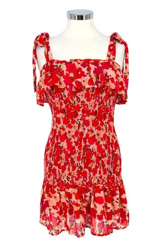 TCEC Red Pink Floral Smocked Mini Dress Ruffle Hem Tie Straps Size Large