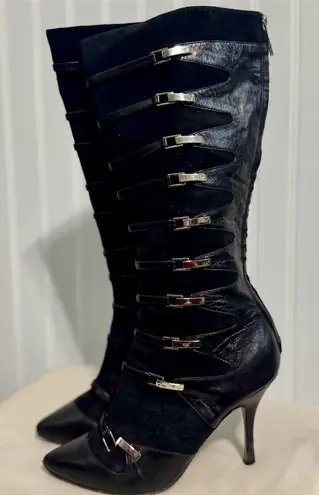 Adrienne Vittadini VTG Black Leather Suede Strappy Buckle Boots 7.5M Italy Y2K