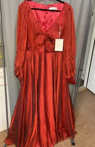 Mac Duggal Blouson Dress Women's 18 Red Sheer Long Sleeve Surplice Ball Gown B4