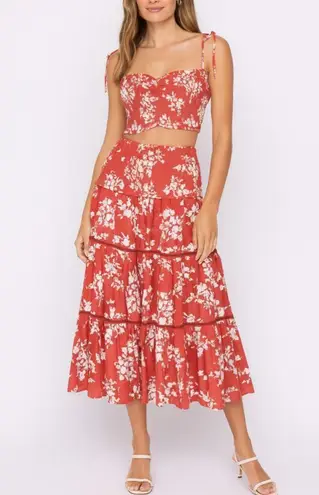 HOUSE OF HARLOW Linen Blend Smocked Crop Top & Tiered Maxi Skirt Set Small Pink