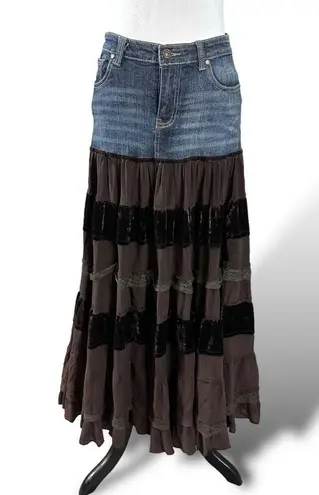 Vintage Y2K Rosa & Rose Maxi Skirt Small Denim Tiered Velvet Lace Fairy Grunge Blue