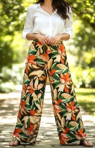 Moon Orchid Palazzo Pants Medium Abstract Festive High Waist Cruise Islands EUC Orange Size undefined