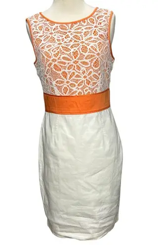 London Times Sheath Dress Womens 8 Orange White Lace Sleeveless Classic Chic