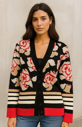 Missoni Knit Cardigan 6 Italy Red Black Wool Viscose Floral Stripes Classic