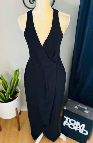 Dress the Population Ariel Racerback Faux Wrap Crepe Dress Gown, Black Small NWT