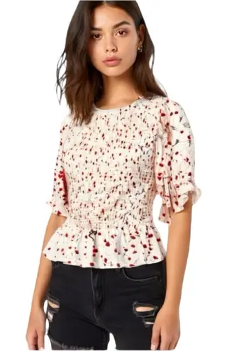MELLODAY Floral Blouse Cropped Short Sleeve Women’s Size Medium Peplum Red/White
