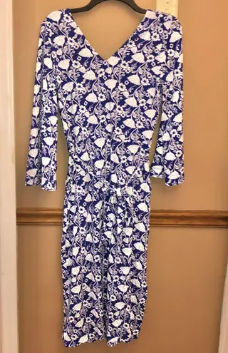 Boden USA Boden Amy Jersey Double V Neck Pocket Floral MIDI Dress Blue White 6R