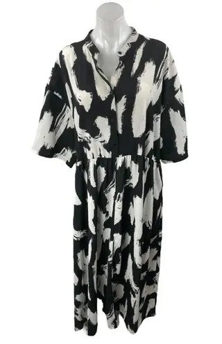 MONKL Black White Short Sleeve Abstract Button Front Maxi Shirt Dress Size XL